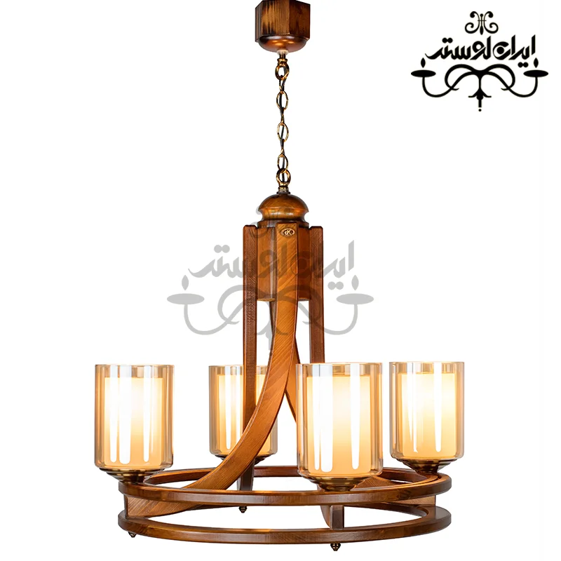 لوستر چوبی رولت دو گلس چهار شاخه دارکار - Image 2
