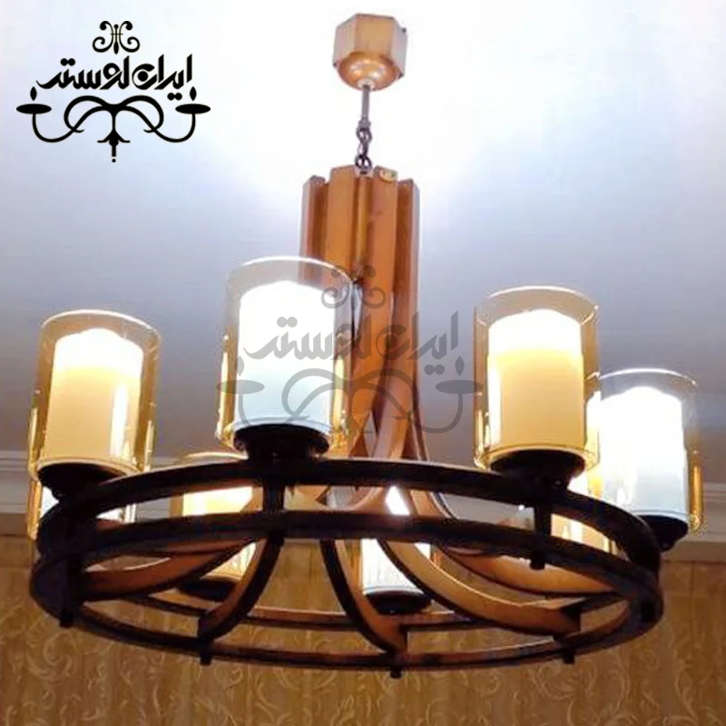 wood-chandelier-rolet-8-branch-darkar لوستر چوبی رولت دو گلس هشت شاخه دارکار