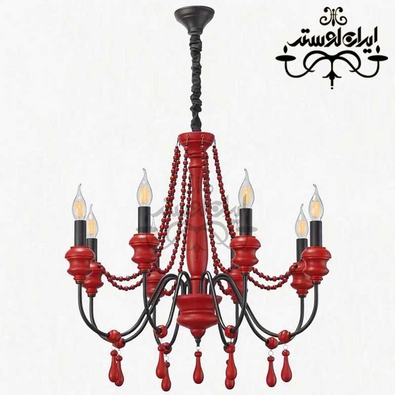 wood-chandelier-maral-8-small-red لوستر چوبی مارال قرمز 8 شاخه کوچک